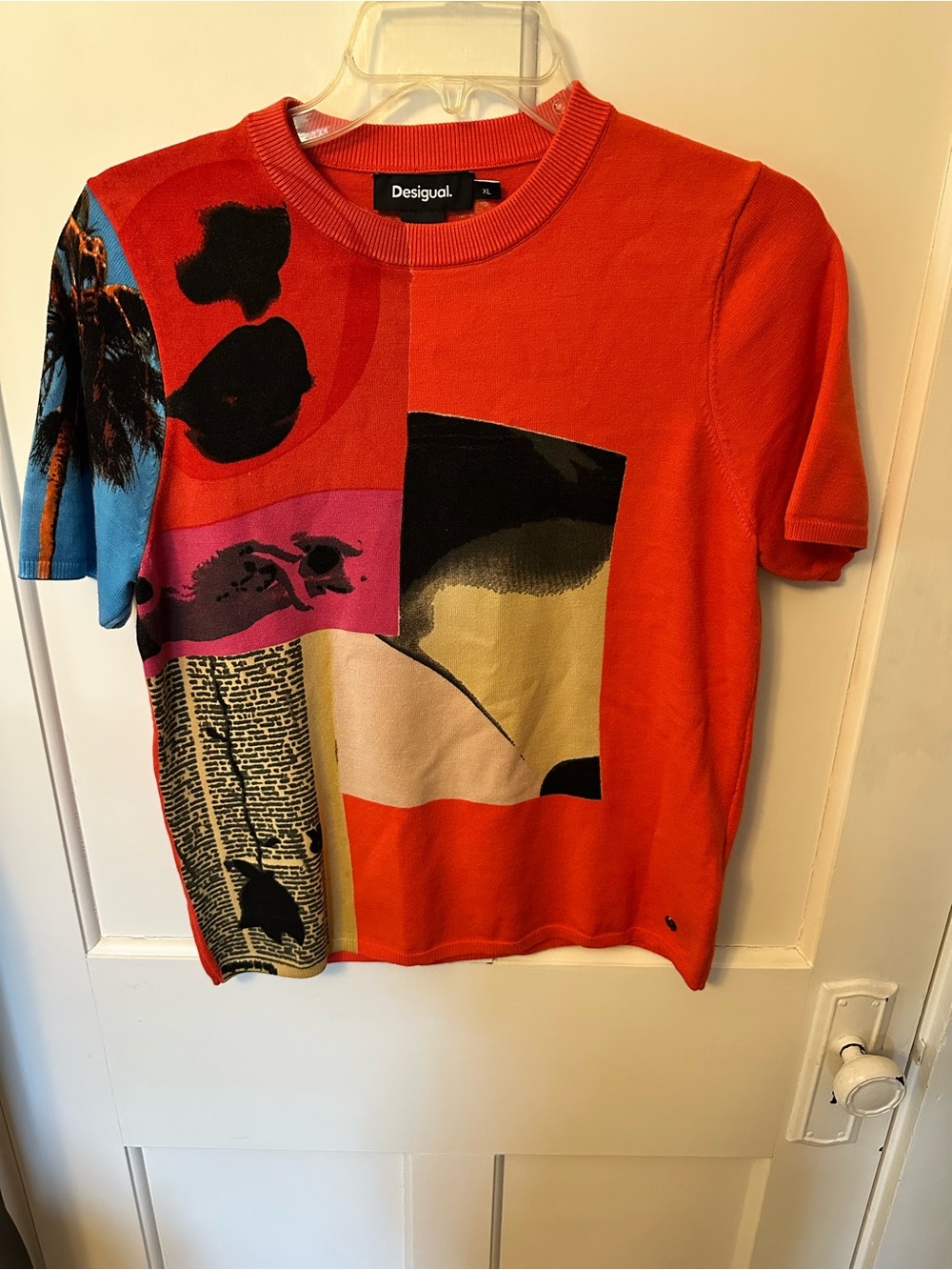Desigual Red Multicolor Abstract Graphic Short Sleeve Sweater “We Love Desigual”